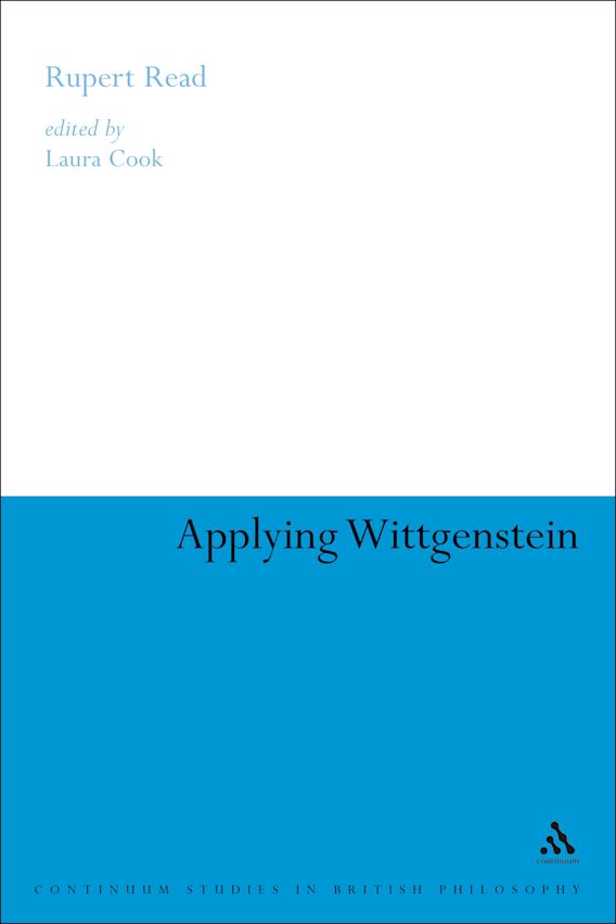 The book cover of Applying Wittgenstein. The top half is white and the bottom half is blue with the title overlaid.
