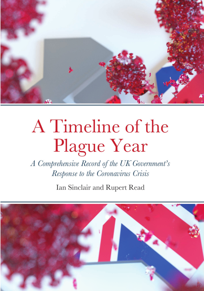 book cover for A Timeline of the Plague Year. The image contains a union jack flag with red virus molecules surrounding it.