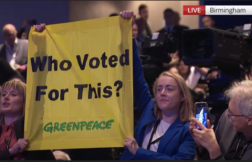 Greenpeace protesters at the Conservative Party conference.