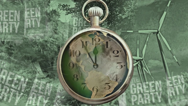 A photo with an old-fashioned clock in the centre of image. The time on the clock is five to twelve. The background shows Green Party posters and windmills in different shades of green.