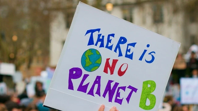 A photo of a colourful protest sign that reads There is No Planet B.