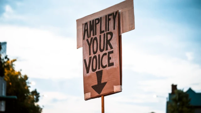 A photo of a hand-made sign with the text 'Amplify Your Voice'.