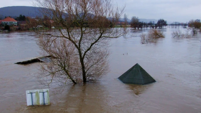 A photo of a flooded landscape. In the foreground is a tree submerged in water. In the far background are some houses standing against a mountainous landscape.