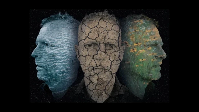 A collage showing same male face with three different projections. The skin on the left face shows water; the middle face shows scorched soil and the third face shows a field with grass and flowers.