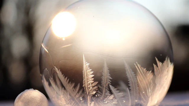 An AI-generated image of a blurred winter landscape with a large, semi-transparent Christmas tree ball in the foreground.