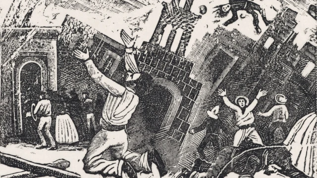 A black and white line drawing of a city landscape that has descended in chaos. I the foreground is a man on his knees holding up his hands,while other people are leaving the scene or even falling out of the sky. In the background buildings appear to be falling over.