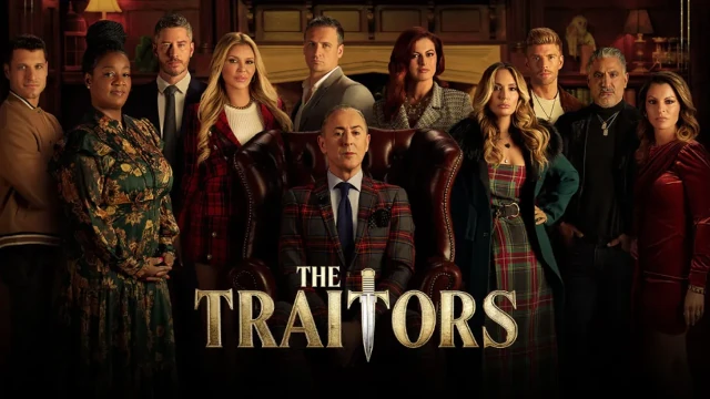 A poster for the TV series The Traitors, showing the entire cast.