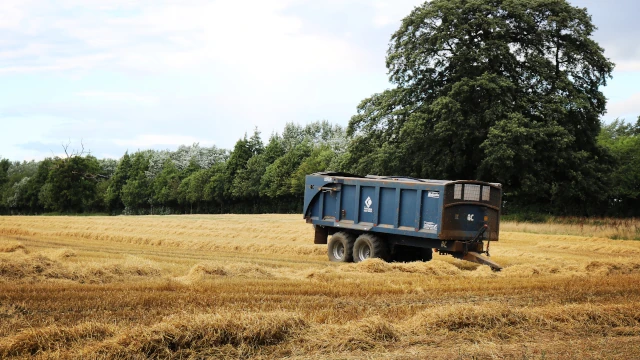 A photo of a hayfield with dried grass, predominantly brown, with a large blue hay trailer. Along the edge of the field, in the background, are lots of trees with green leafs.