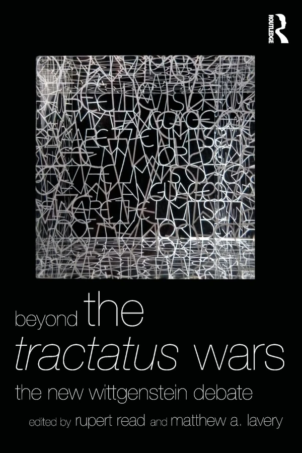The cover of Beyond the Tractatus Wars. It has a black background with white lettering. The top half of the books shows an abstract image of lots of white, random letters on a black background. The book's subtitle is The New Wittgenstein Debate.