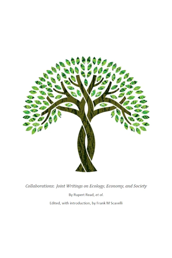 The cover of Collaborations. It has a white background with a curly drawing of a tree and lots of leaves in the middle. The subtitle is Joint Writings on Ecology, Economy and Society.