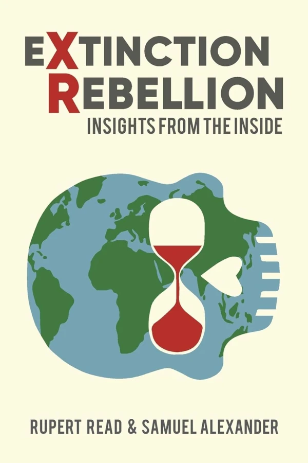 The cover of Extinction Rebellion. It has a drawing of the Earth with a time hour glass on top. The subtitle is Insights from the Inside.