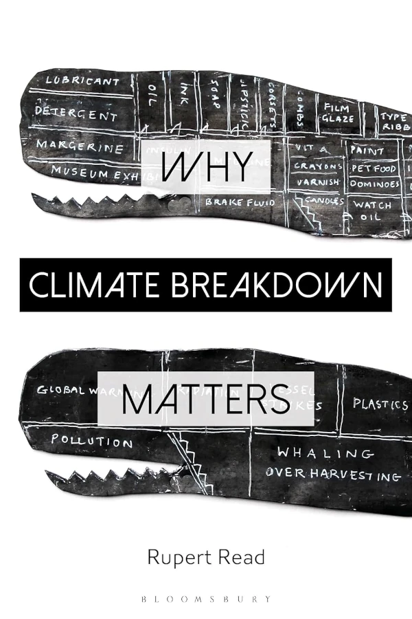 The cover of Why Climate Breakdown Matters. It has two black outlines of dinosaur heads with word such as 'Oil' and 'Pollution' written on them.