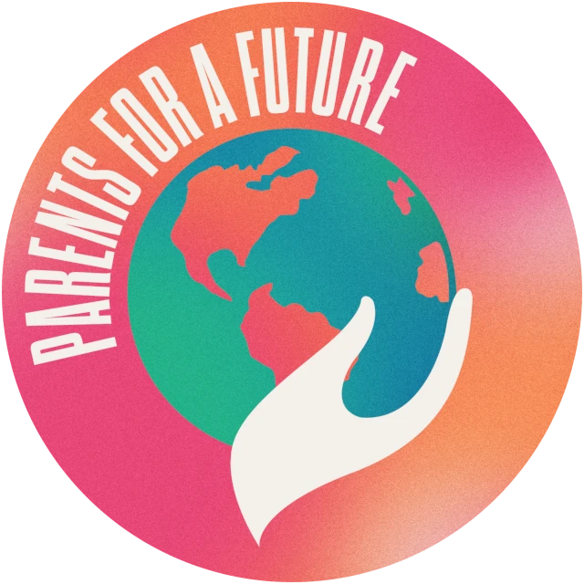 The Parents for a Future logo. It is round and has a background with pink and orange gradients. In the centre of the logo is a drawing of the Earth, which uses blue and green gradients. The Earth rests in a white hand.