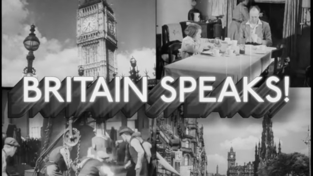 a black and white image showing four different images of Britain's past and the words Britain Speaks! in the middle