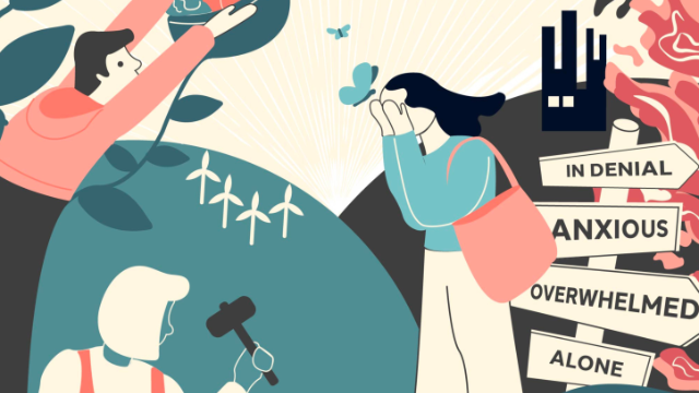 a illustrated image showing someone covering their eyes, someone with a hammer and some with their arms raised up, with assorted images of wind turbines and signs saying things like 'in denial' and 'anxious' in the background