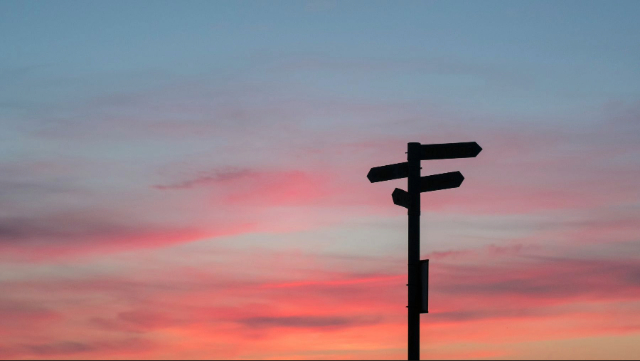 signposts depicting 'crossroads' with a pink evening sky in the background
